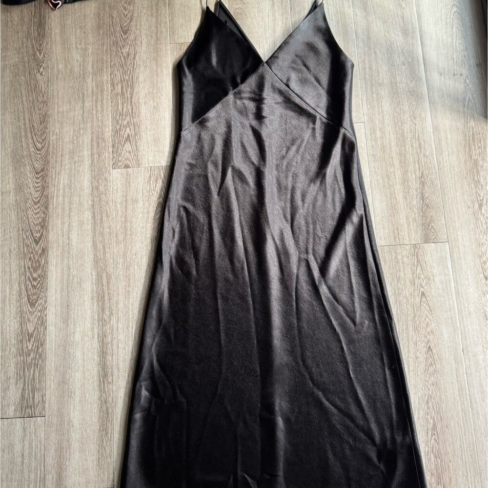 VINCE Black Satin V-Neck Midi Slip Dress Sz M Quiet Luxury Minimalist MSRP $295 - Picture 3 of 16